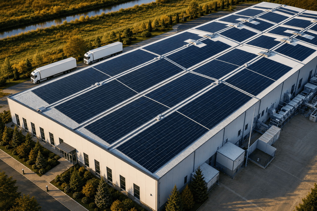 Bâtiment avec panneaux solaires sur le toit